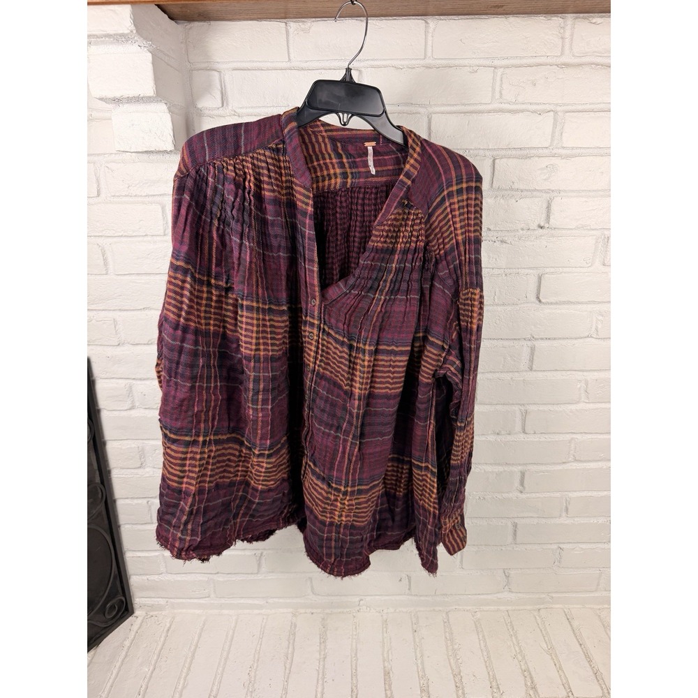 Free People Come Over Plaid Button Down Top Burgundy Pintuck Boho Oversized